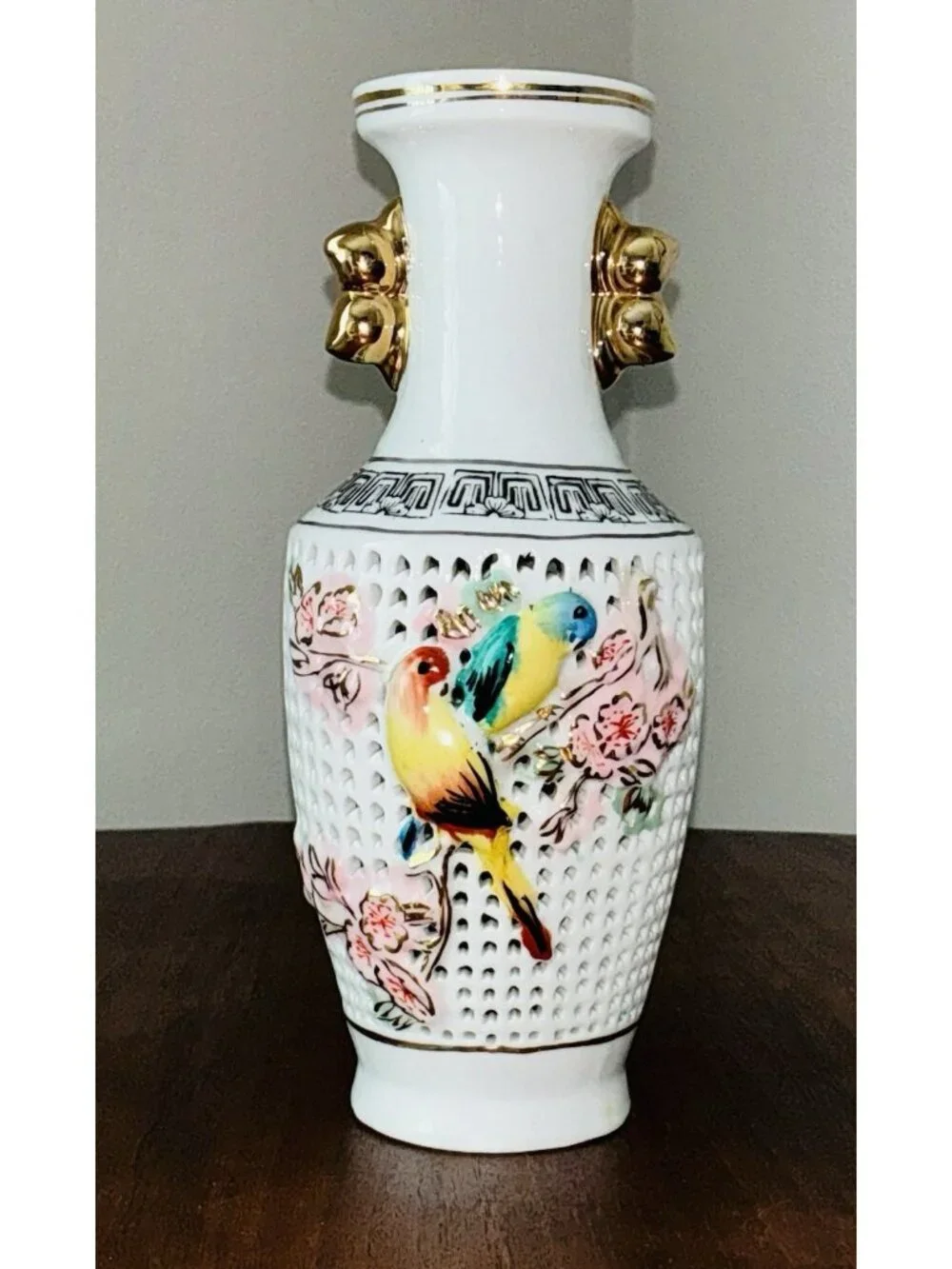 Vintage Chinese Reticulated Bird Vase Gold Handles Porcelain 8.25